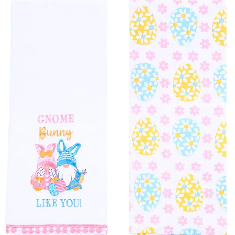 Embroidered Kitchen Towels Gnomes and Bunnies Set of 2