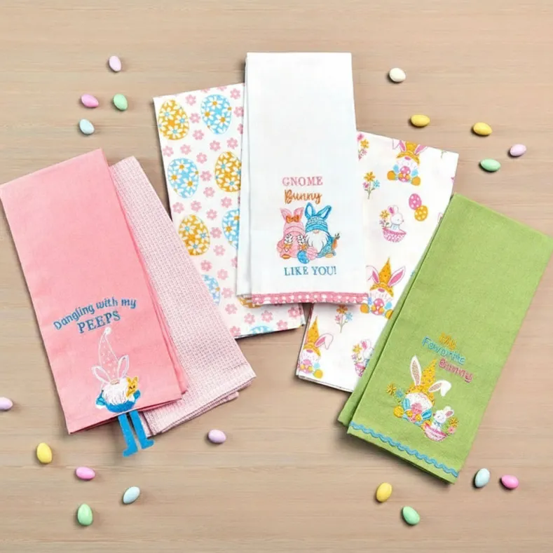 Embroidered Kitchen Towels Gnomes and Bunnies Set of 2