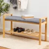 Entryway Bamboo Bench with Shoe Shelf and Polyester Cushion