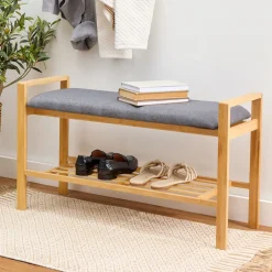 Entryway Bamboo Bench with Shoe Shelf and Polyester Cushion