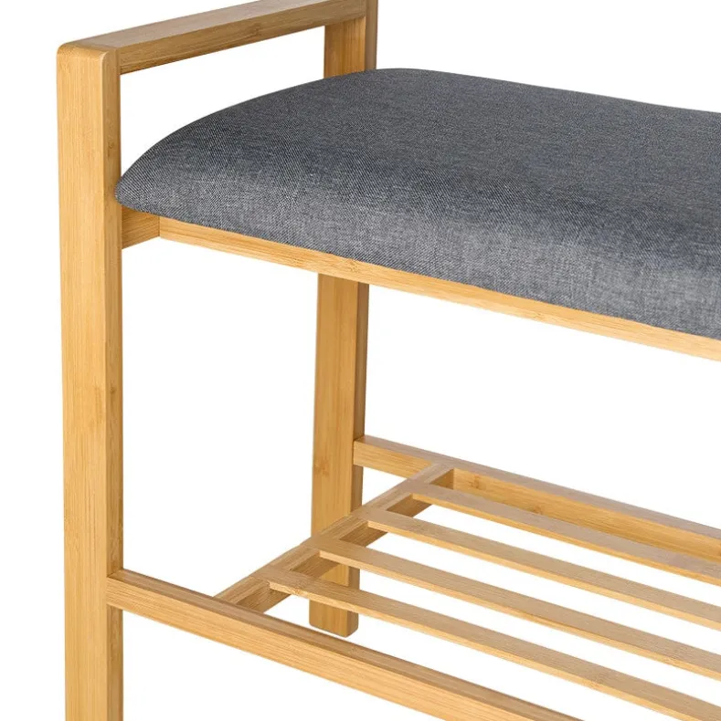 Entryway Bamboo Bench with Shoe Shelf and Polyester Cushion