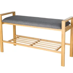 Entryway Bamboo Bench with Shoe Shelf and Polyester Cushion