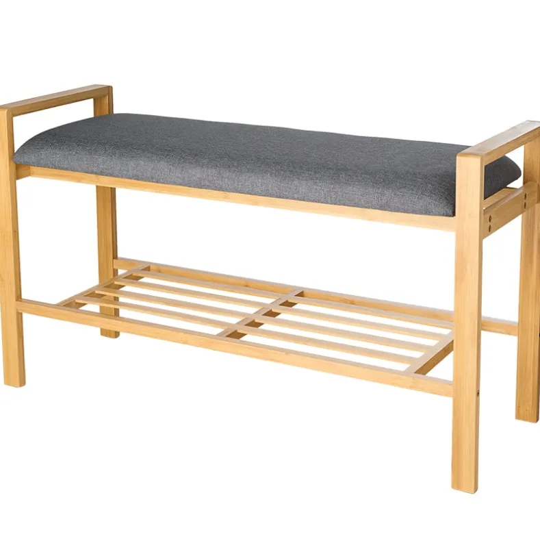 Entryway Bamboo Bench with Shoe Shelf and Polyester Cushion