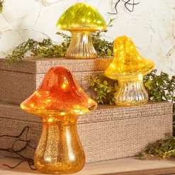 Fall Lighted Glass Mushrooms - Green, Yellow or Orange
