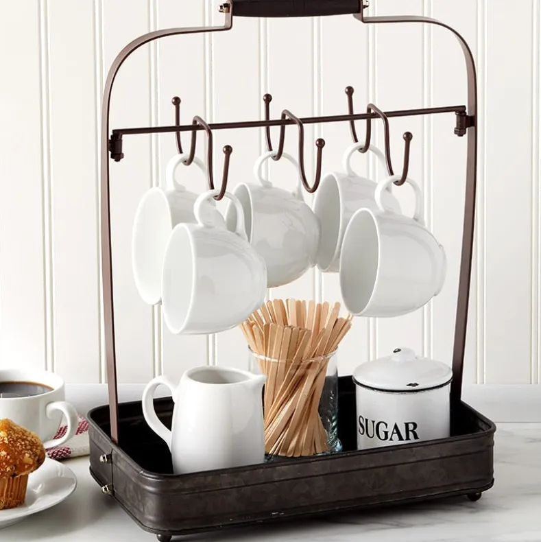 Farmhouse Coffee Mug Rack Tray Kitchen Organizer Decor Black