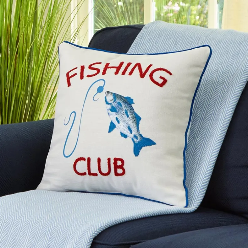 Fishing and Lake Themed Embroidered Decorative Pillow