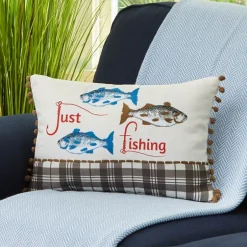 Fishing and Lake Themed Embroidered Decorative Pillow