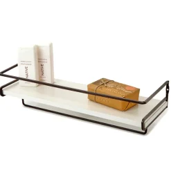 Floating Wall Mounted White Shelves with Metal Bar - Set of 2