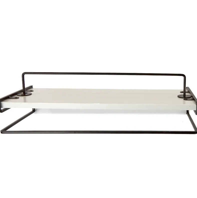 Floating Wall Mounted White Shelves with Metal Bar - Set of 2