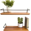 Floating Wall Mounted Wood Shelves with Metal Bar - Set of 2