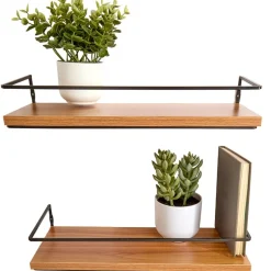 Floating Wall Mounted Wood Shelves with Metal Bar - Set of 2