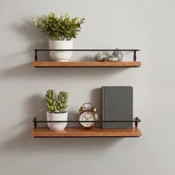 Floating Wall Mounted Wood Shelves with Metal Bar - Set of 2