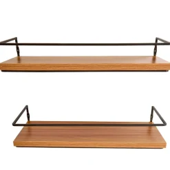 Floating Wall Mounted Wood Shelves with Metal Bar - Set of 2