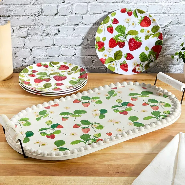 Fresh off the Vine Strawberry Pattern Plates or Beaded Wooden Serving Tray