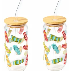 Glass Tumbler with Bamboo Lid and Straw - Set of 2 - 16oz