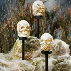Halloween Hear, See and Speak No Evil Skull Solar Stakes - Set of 3