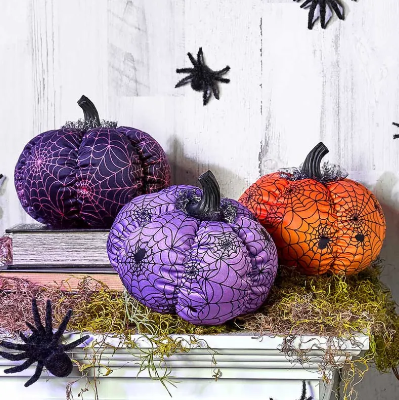 Halloween Plush Webbed Pumpkin Decor - Orange or Purple