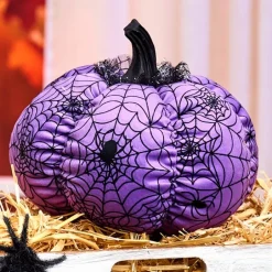 Halloween Plush Webbed Pumpkin Decor - Orange or Purple