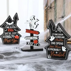 Halloween Tabletop Wood Decor In Black Cat Or Haunted Lane Trio