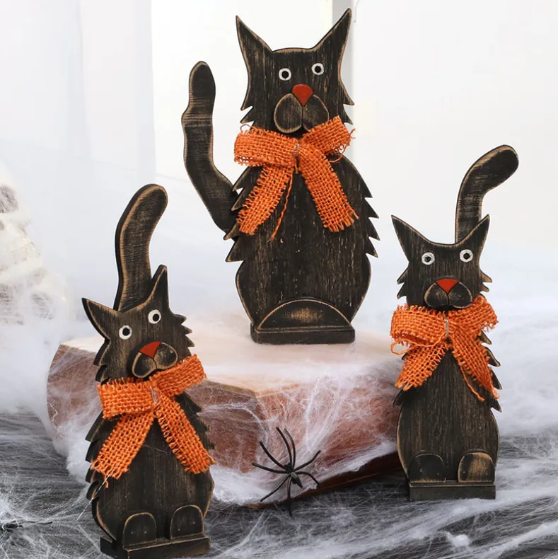 Halloween Tabletop Wood Decor In Black Cat Or Haunted Lane Trio