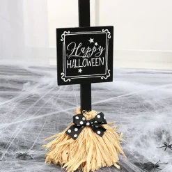 Halloween Witch's Broom Tabletop Rectangular Sign With Message And Bow