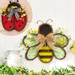 Handcrafted Rattan Bee or Ladybug Wall Decor with Vibrant Yellow Flowers