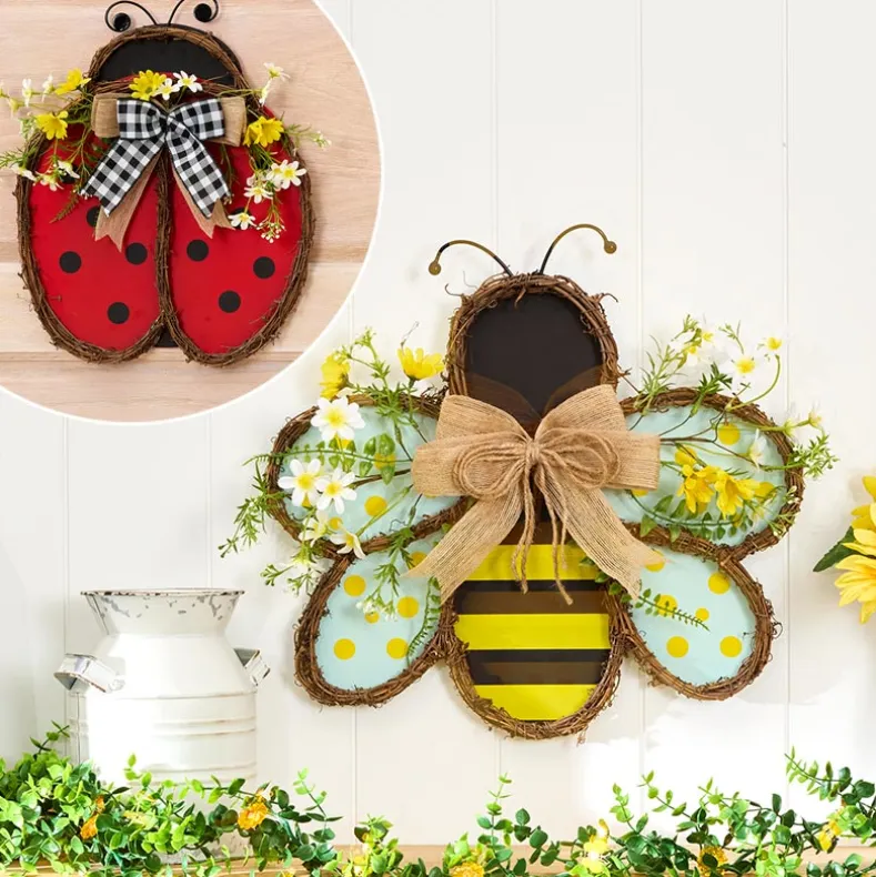 Handcrafted Rattan Bee or Ladybug Wall Decor with Vibrant Yellow Flowers