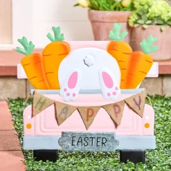 Happy Easter Pink Truck Stake With Hopping Bunny And Carrots