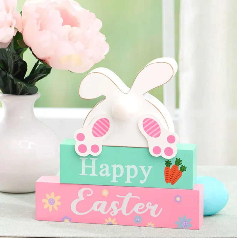 Happy Easter Stacked Block Sign with Bunny - Natural or Spring