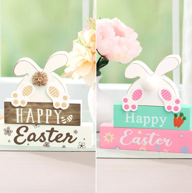 Happy Easter Stacked Block Sign with Bunny - Natural or Spring