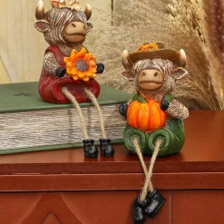 Highland Cow Shelf Sitter Girl With Sunflower Or Boy With Pumpkin