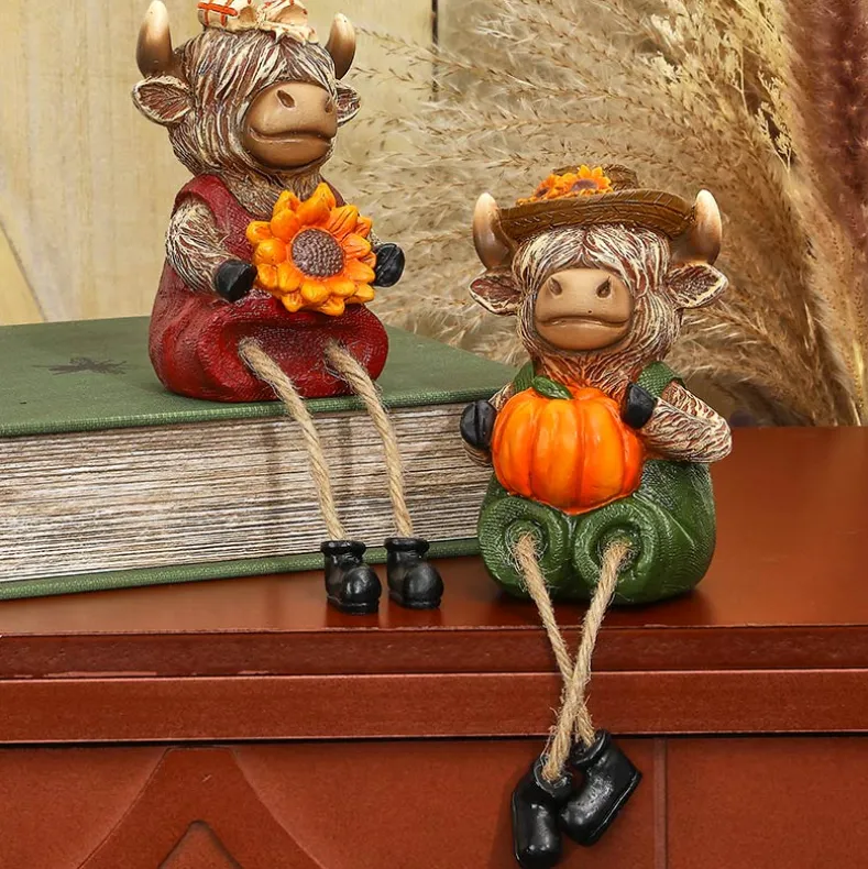 Highland Cow Shelf Sitter Girl With Sunflower Or Boy With Pumpkin