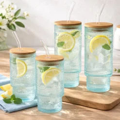 Hobnail Blue Glasses with Bamboo Lids and Glass Straws - Set of 4