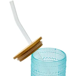 Hobnail Blue Glasses with Bamboo Lids and Glass Straws - Set of 4
