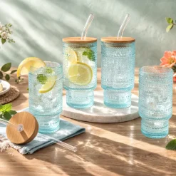 Hobnail Blue Glasses with Bamboo Lids and Glass Straws - Set of 4