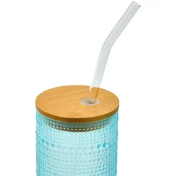 Hobnail Blue Glasses with Bamboo Lids and Glass Straws - Set of 4