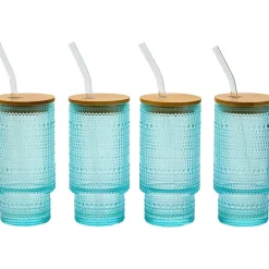 Hobnail Blue Glasses with Bamboo Lids and Glass Straws - Set of 4