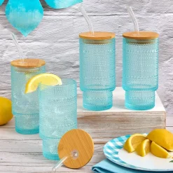 Hobnail Blue Glasses with Bamboo Lids and Glass Straws - Set of 4