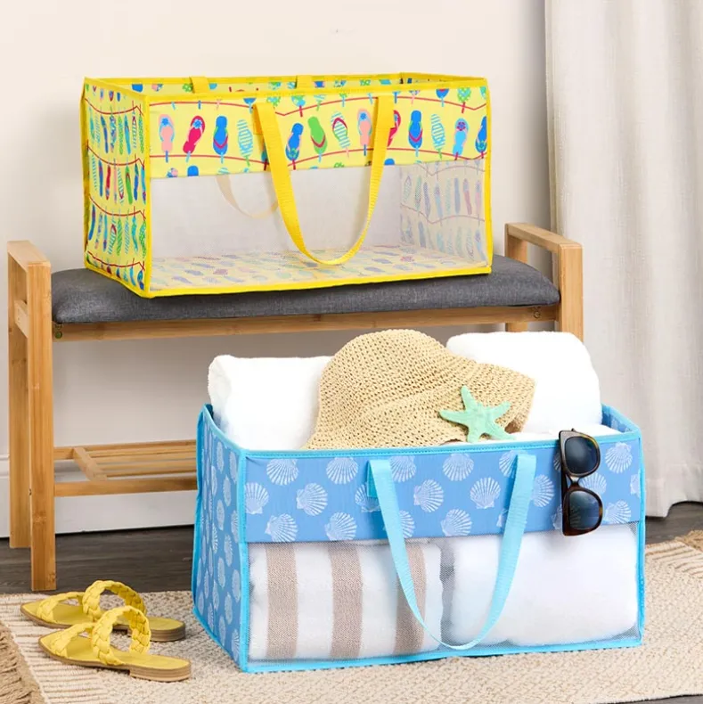 Home Storage Tote Bin with Mesh - Flip Flop or Shell Print