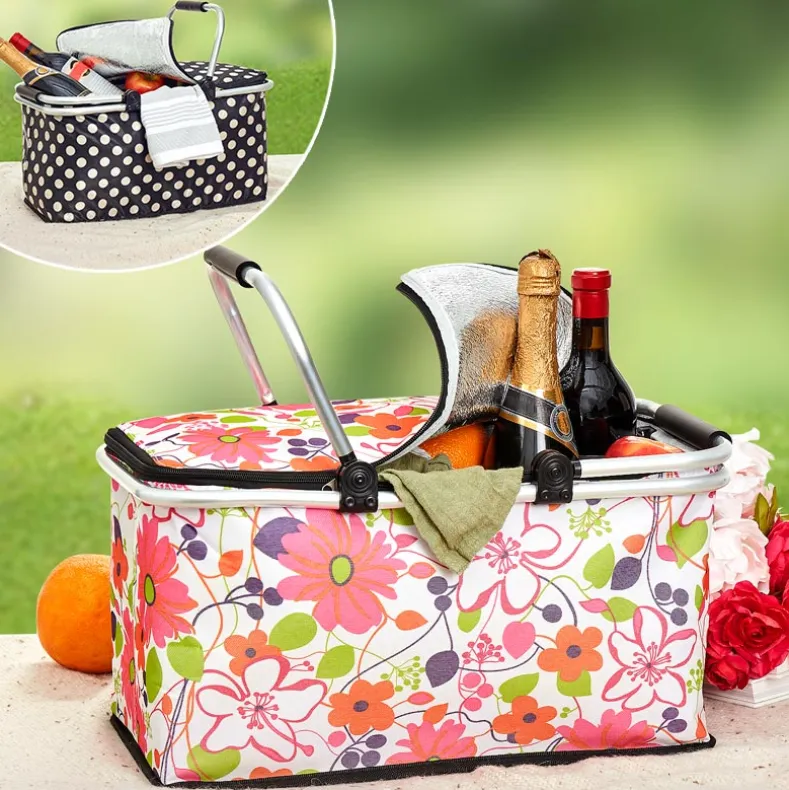 Insulated Cooler Picnic Basket Handles Zip Closure Floral Or Polka Dot