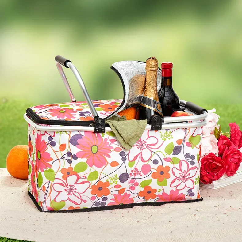Insulated Cooler Picnic Basket Handles Zip Closure Floral Or Polka Dot