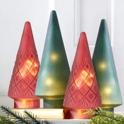 Lighted Burgundy Snowflake or Green Ribbed Glass Tabletop Tree