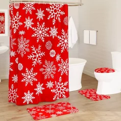 Memory Foam Bath Rugs & Shower Curtain Complete 16-Pc Set Red Snowflake