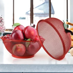 Mesh Wire Apple Shaped Fruit Basket with Lid Fruit Bowl Cover 2 Pc