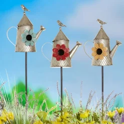 Metal Birdhouse Garden Stakes – Yellow, Red, and Blue Colors