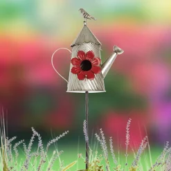 Metal Birdhouse Garden Stakes – Yellow, Red, and Blue Colors