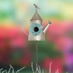 Metal Birdhouse Garden Stakes – Yellow, Red, and Blue Colors