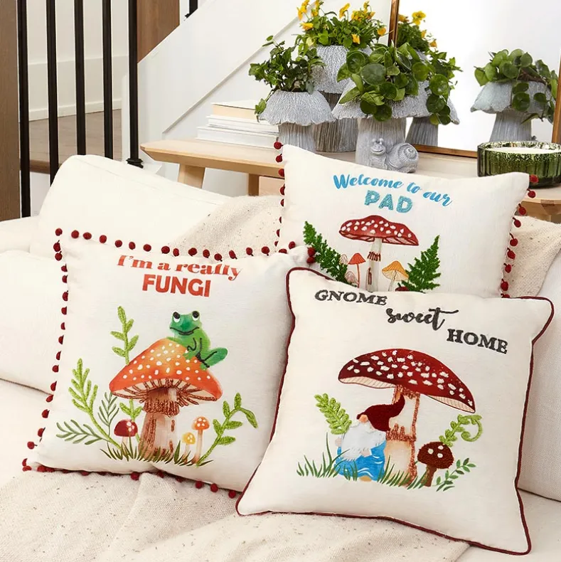 Mushroom Garden Embroidered Decorative Pillow