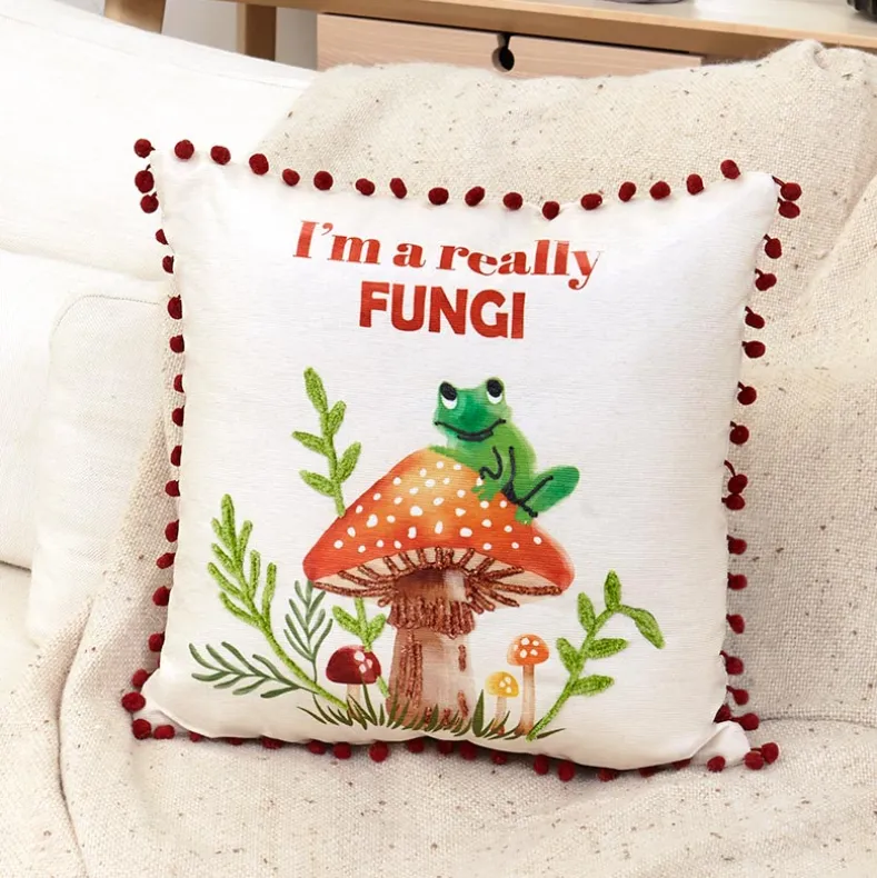 Mushroom Garden Embroidered Decorative Pillow