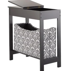 Narrow Wood Side Table with Flip-Top and Fabric Storage Bin